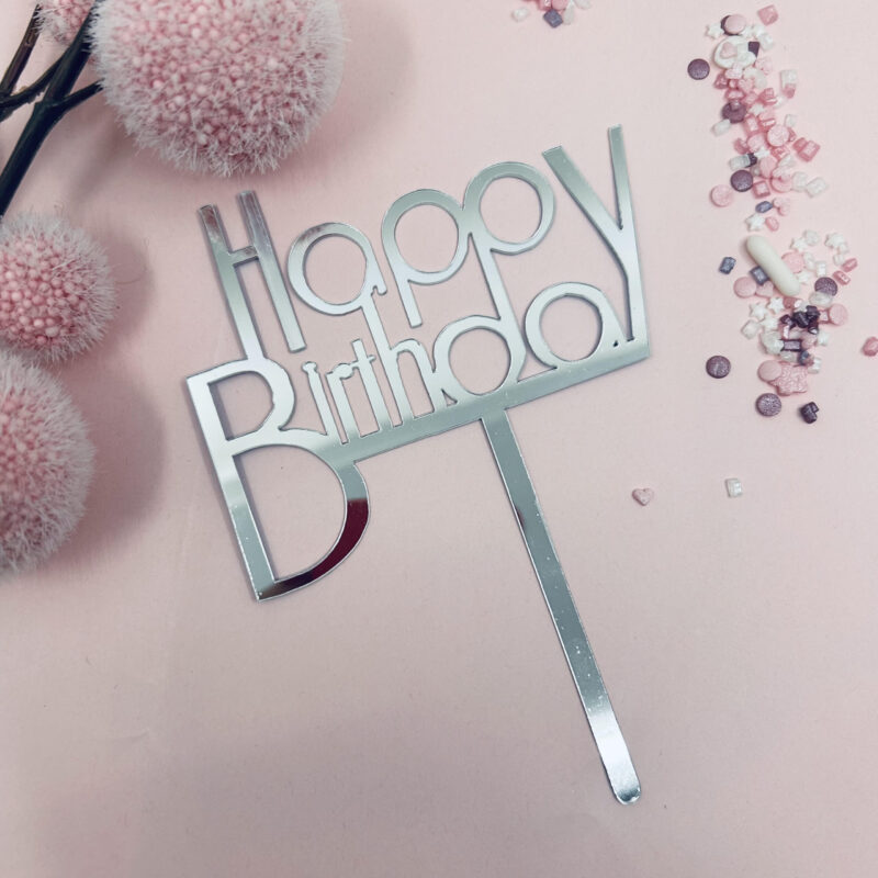 Cake topper Happy Birthday 10cm Zilver