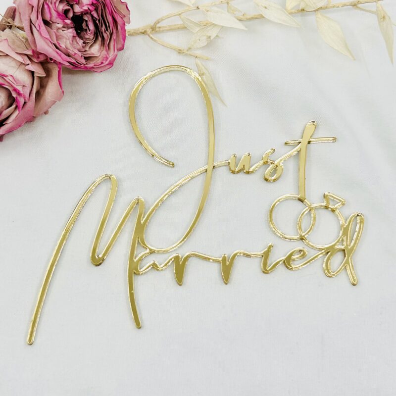 Just Married +rings 12x10cm Taartdecor front topper  Goud