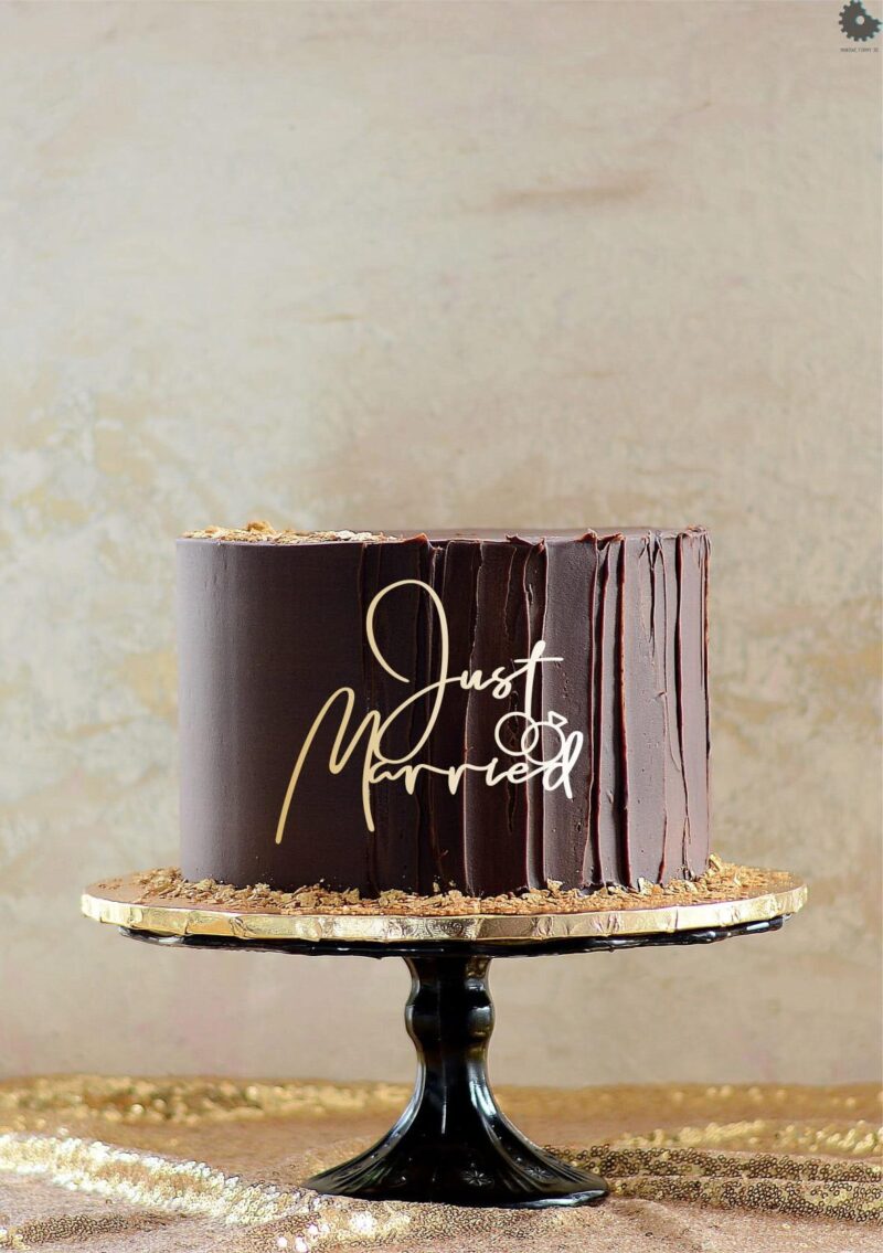 Just Married +rings 12x10cm Taartdecor front topper  Goud - Afbeelding 2