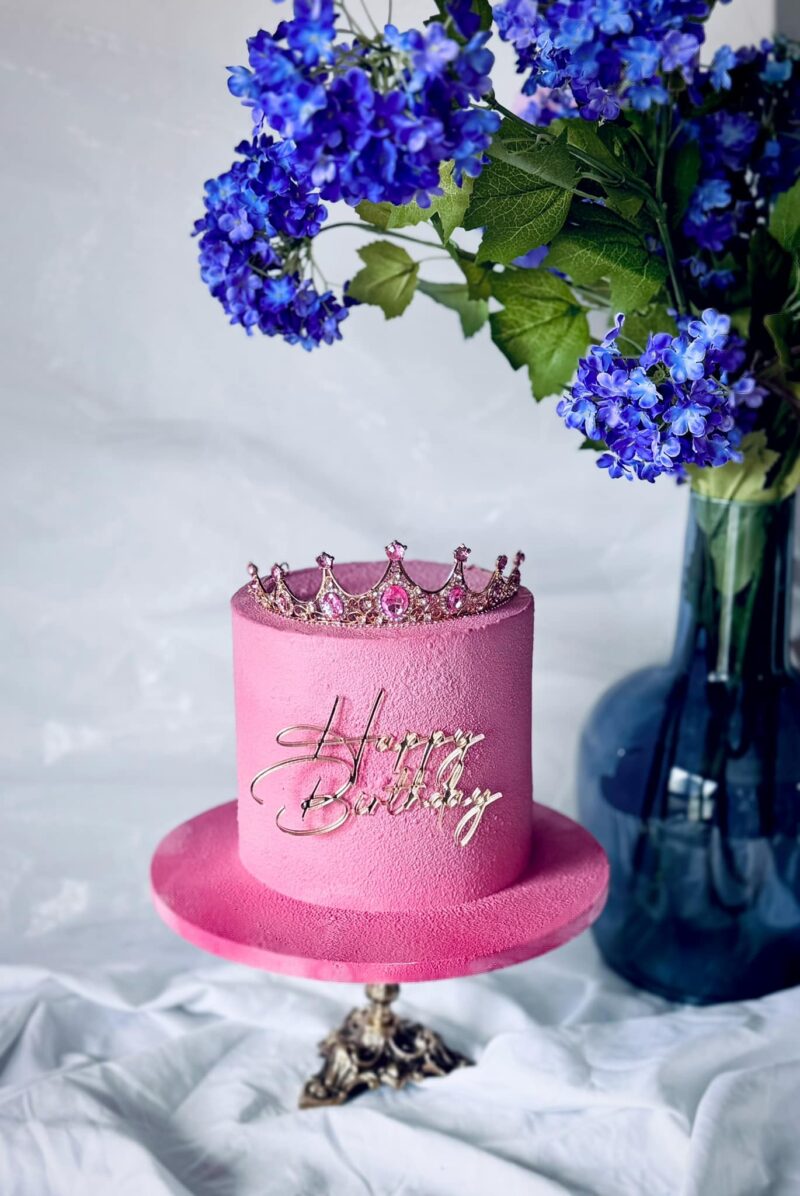 taarttopper Goud Kroon met roze stras- diadeem - 11cm - Afbeelding 2