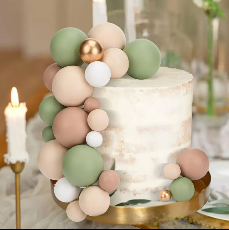 Taartdecoratie ballen sage-wit-goud-nudę-bruin – taarttopper 1-4 cm set/108st - Afbeelding 2