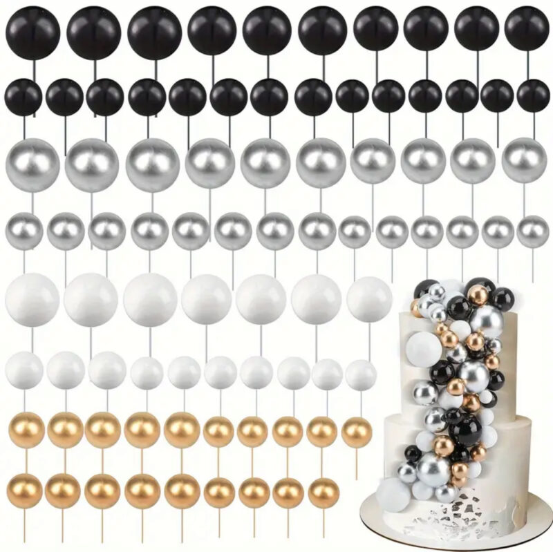 Taartdecoratie ballen zwart – goud – zilver-wit taarttopper 1-4 cm set/108st