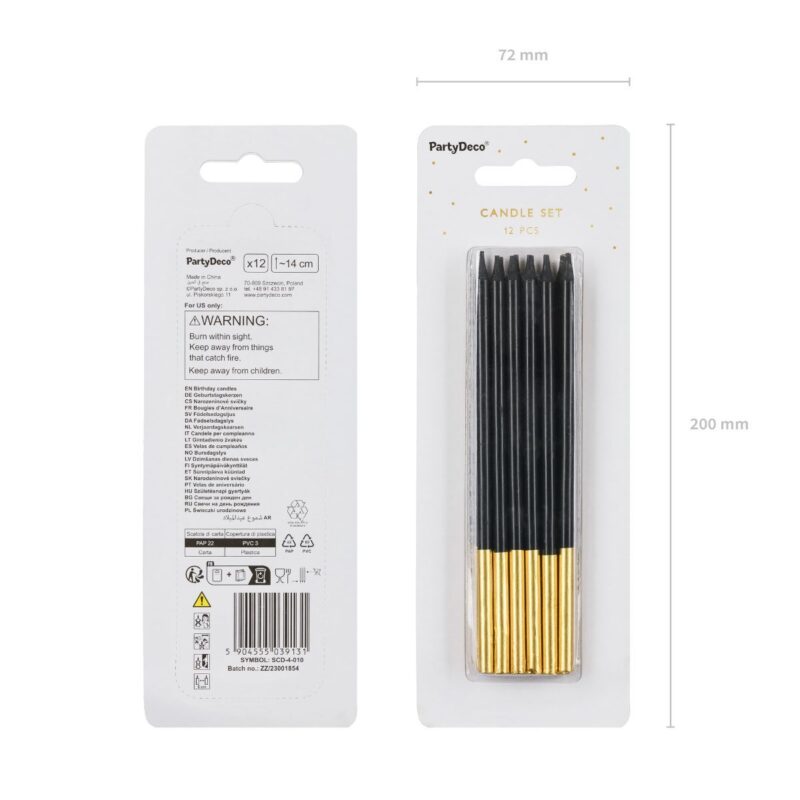 PartyDeco Kaarsen 14cm Zwart/Goud 12/pcs - Afbeelding 2