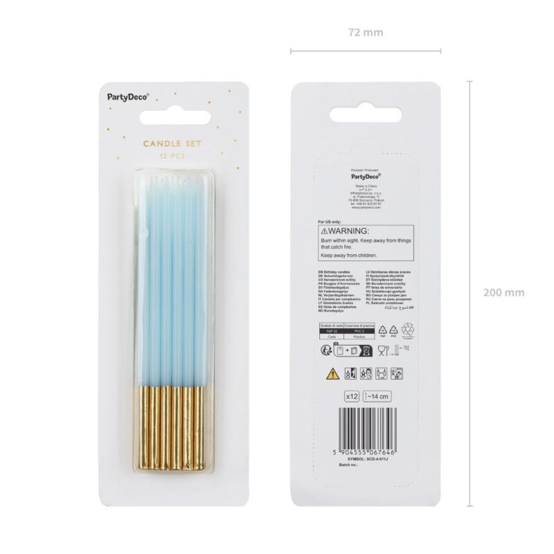 PartyDeco Kaarsen 14cm Baby Blue - Blauw/Goud 12/pcs - Afbeelding 2