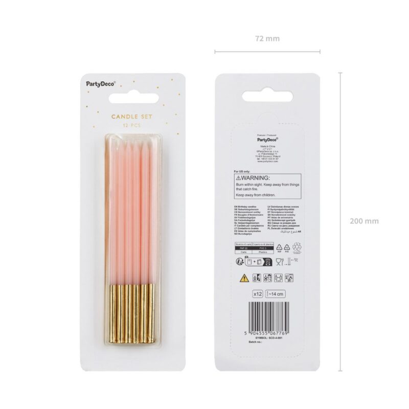 PartyDeco Kaarsen 14cm Baby Pink - Roze/Goud 12/pcs - Afbeelding 2